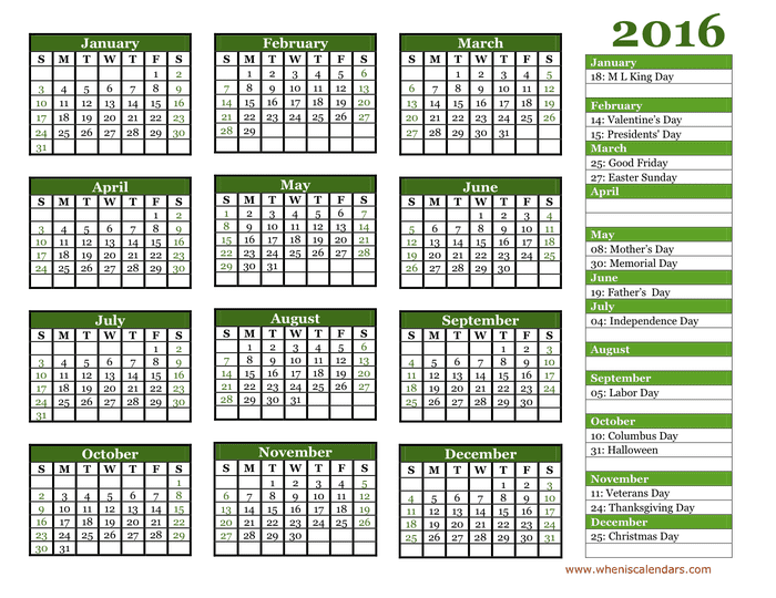 2016 Yearly Calendar in Word and Pdf formats