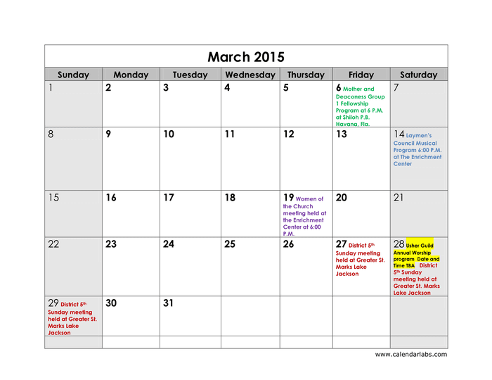 2015 Yearly Calendar in Word and Pdf formats - page 3 of 12