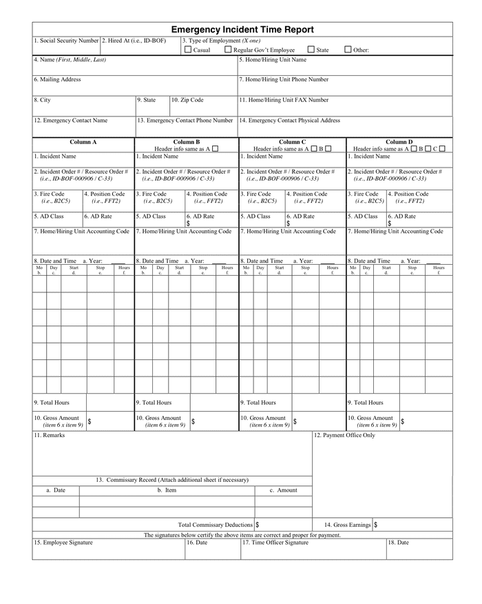 Emergency Incident Time Report in Word and Pdf formats