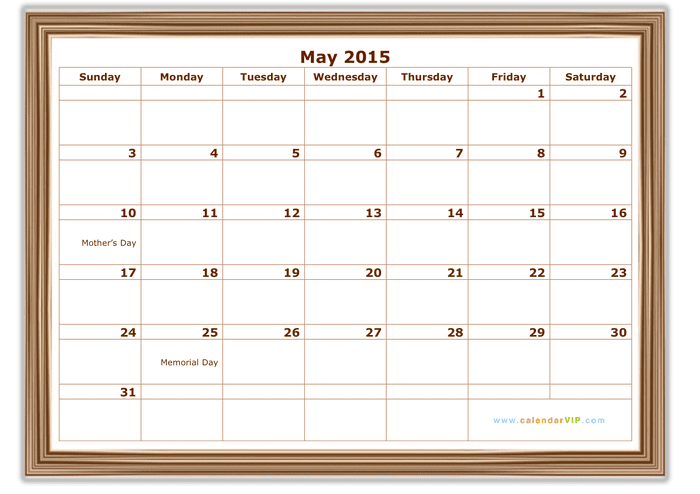 May 15 Calendar In Word And Pdf Formats