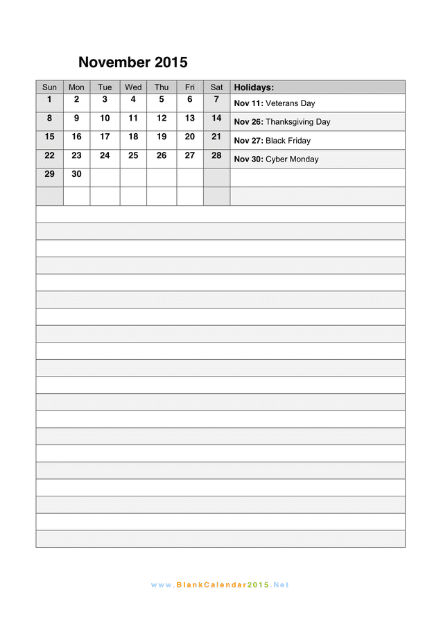 November 15 Calendar In Word And Pdf Formats