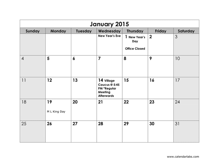 2015 Yearly Calendar in Word and Pdf formats