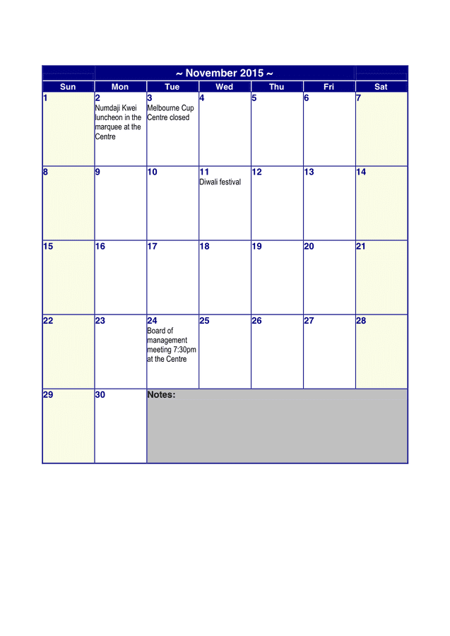 November 2015 Calendar - download free documents for PDF, Word and Excel