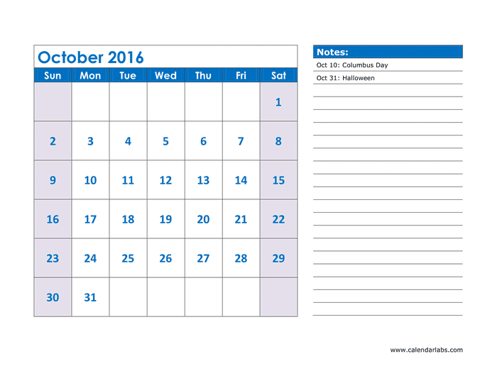 2016 Monthly Calendar in Word and Pdf formats - page 10 of 12