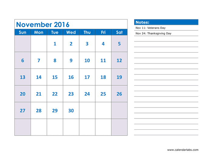 2016 Monthly Calendar in Word and Pdf formats - page 11 of 12