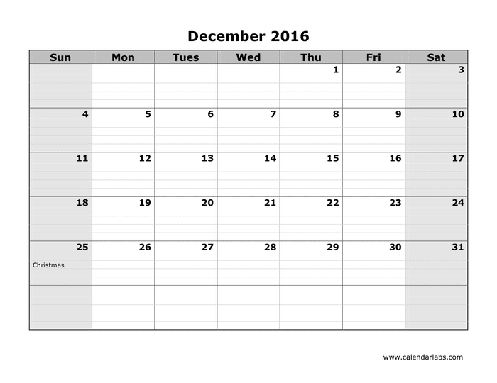 2016 Monthly Calendar in Word and Pdf formats - page 12 of 12