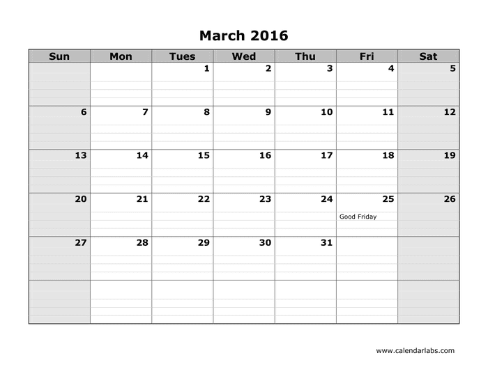 2016 Monthly Calendar in Word and Pdf formats - page 3 of 12