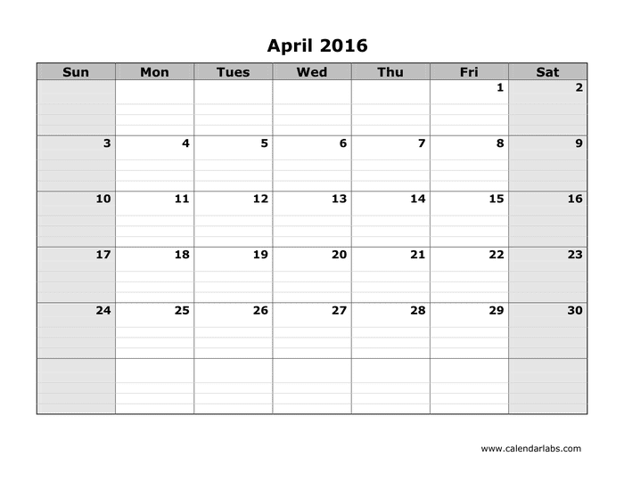 2016 Monthly Calendar in Word and Pdf formats - page 4 of 12