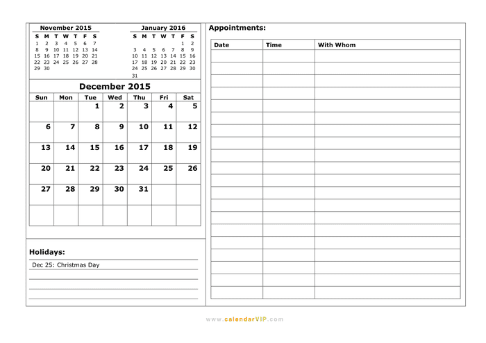 December 2015 Calendar - download free documents for PDF, Word and Excel