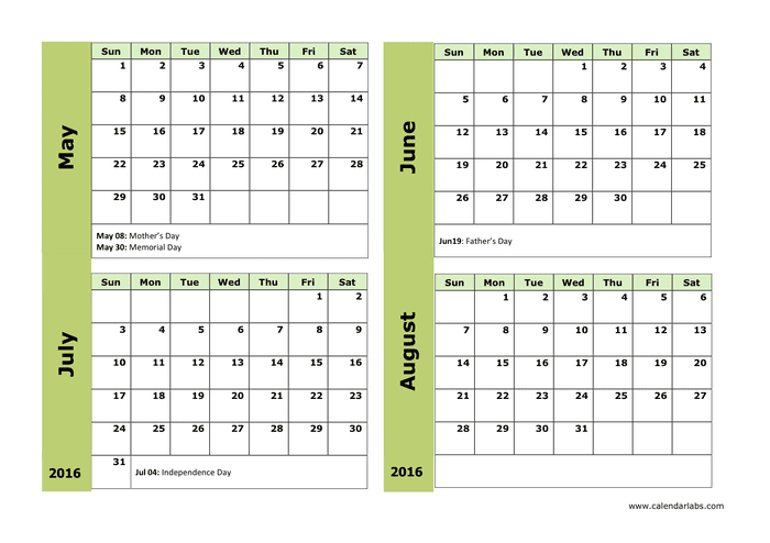 2016 Monthly Calendar in Word and Pdf formats - page 2 of 3