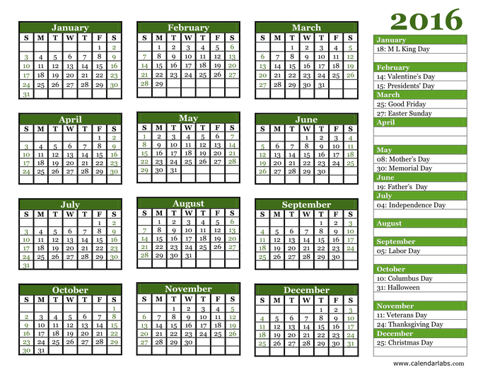 2016 Yearly Calendar in Word and Pdf formats