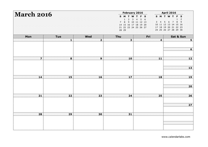 2016 Monthly Calendar in Word and Pdf formats - page 3 of 12