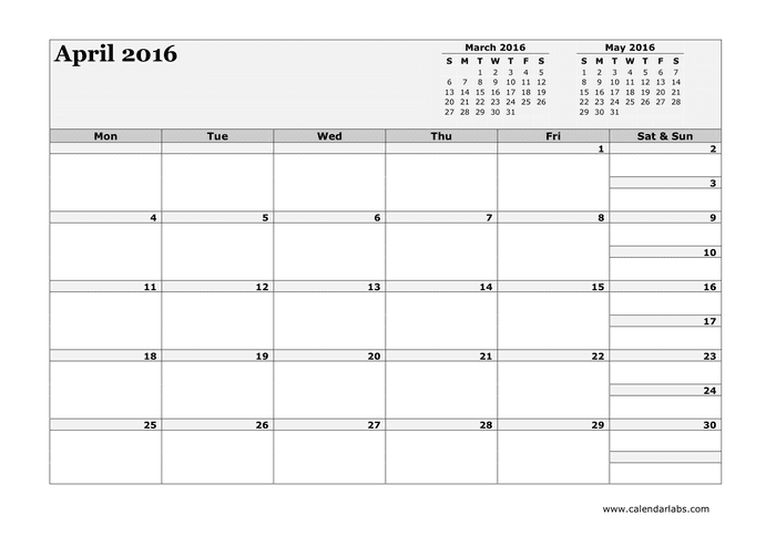 2016 Monthly Calendar in Word and Pdf formats - page 4 of 12