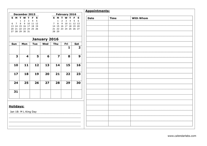 2016 Monthly Calendar In Word And Pdf Formats