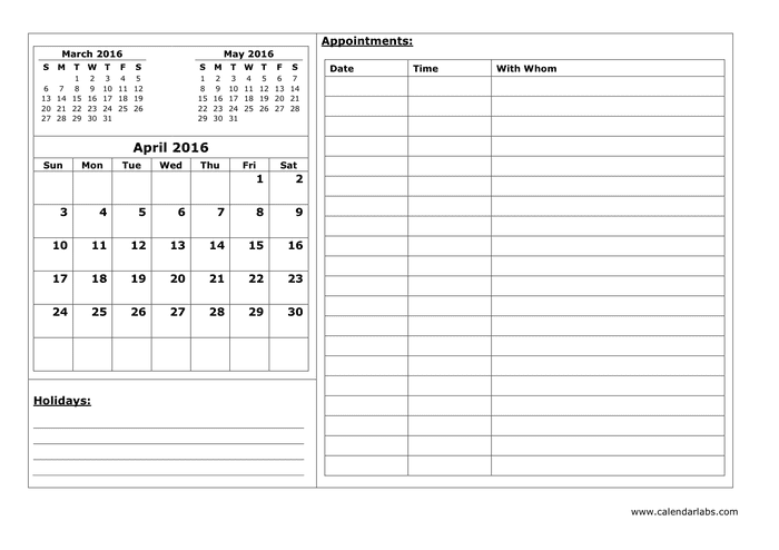2016 Monthly Calendar in Word and Pdf formats - page 4 of 12