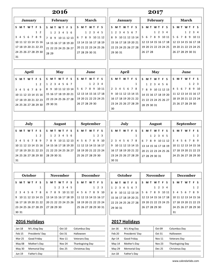 2016 Yearly Calendar in Word and Pdf formats