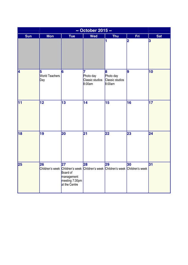 October 2015 Calendar - download free documents for PDF, Word and Excel