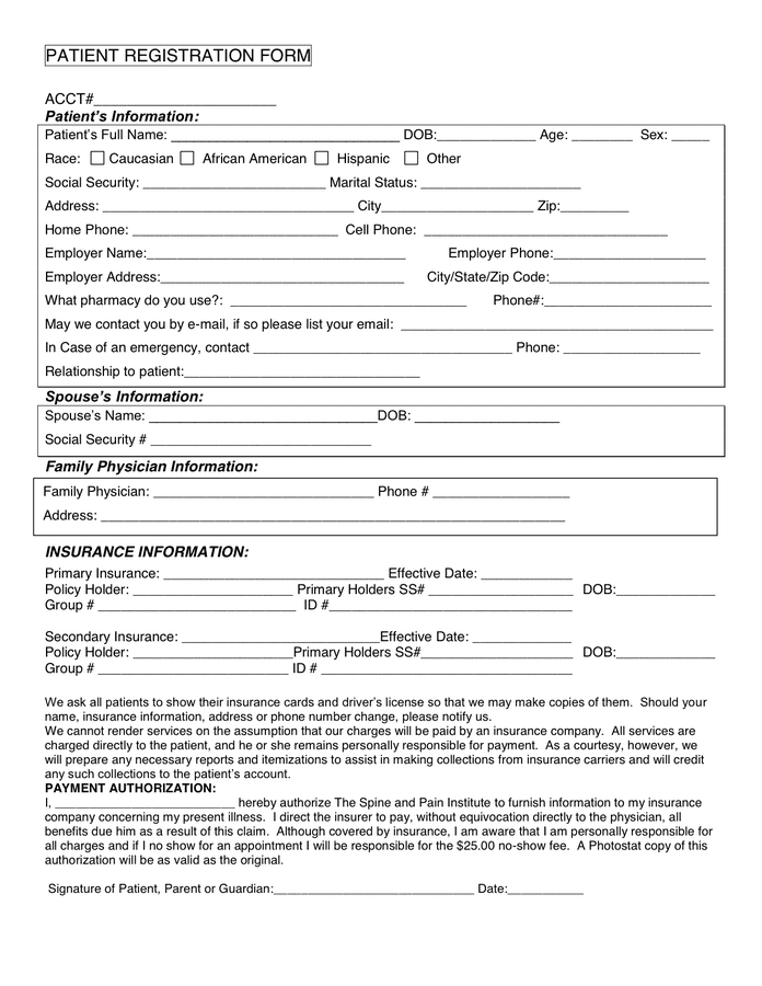 Patient registration form in Word and Pdf formats