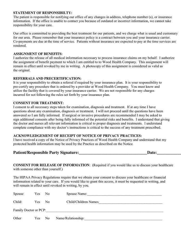 Patient registration form in Word and Pdf formats - page 2 of 2