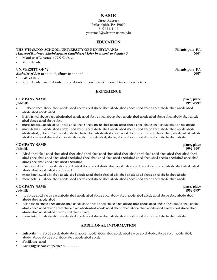 Wharton Resume Template Experience - Resume Template 2 1 