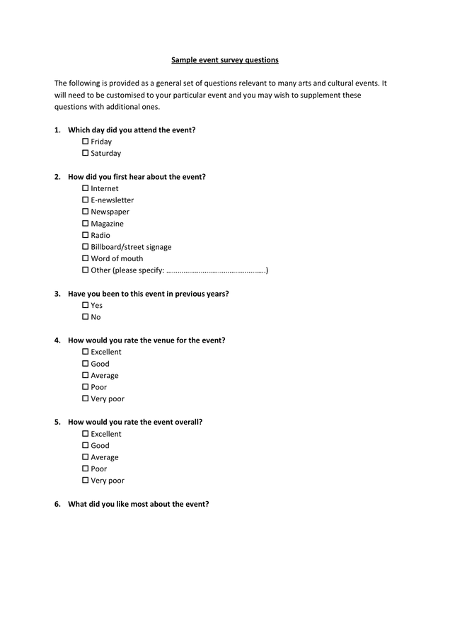 event survey questions in Word and Pdf formats