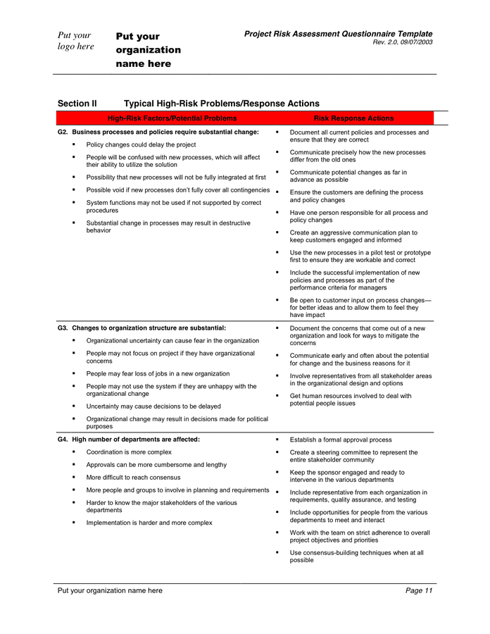 Risk Assessment Questionnaire Template In Word And Pdf Formats Page 