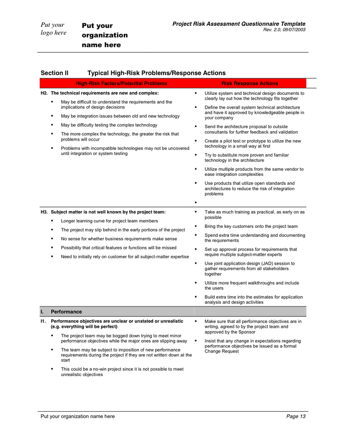 Risk Assessment Questionnaire Template 