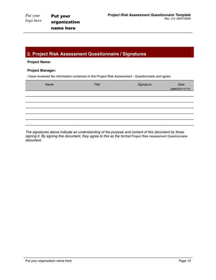 Risk Assessment Questionnaire Template In Word And Pdf Formats Page 