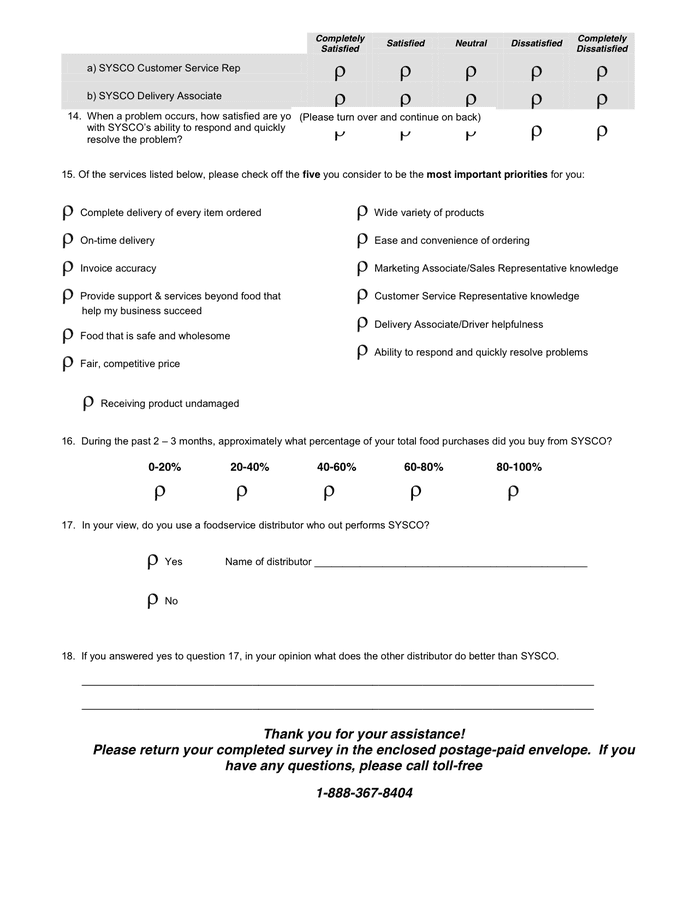 Sysco customer satisfaction survey form in Word and Pdf formats - page