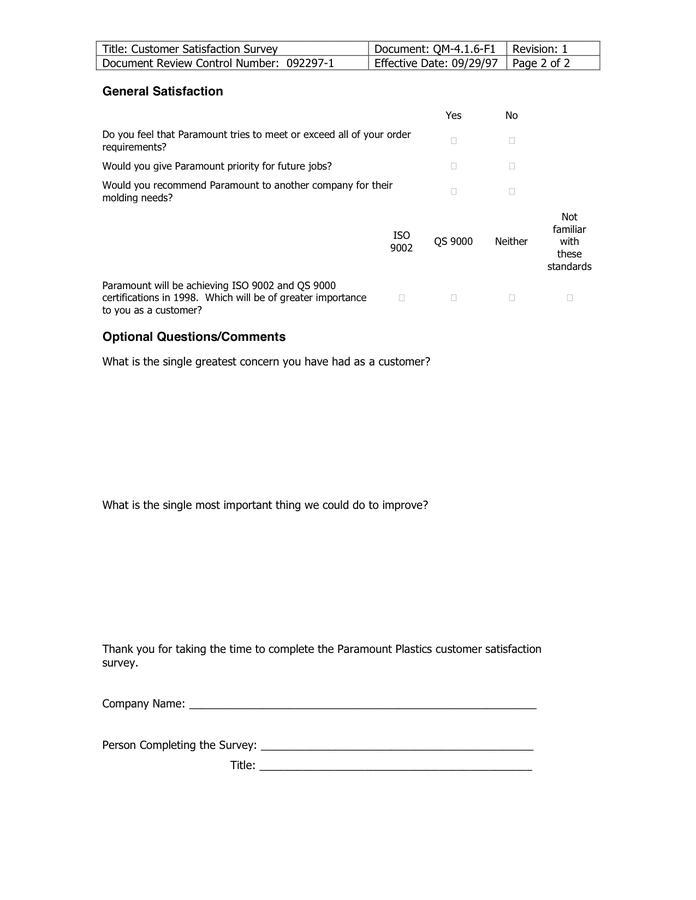 Customer Satisfaction Survey in Word and Pdf formats - page 2 of 2