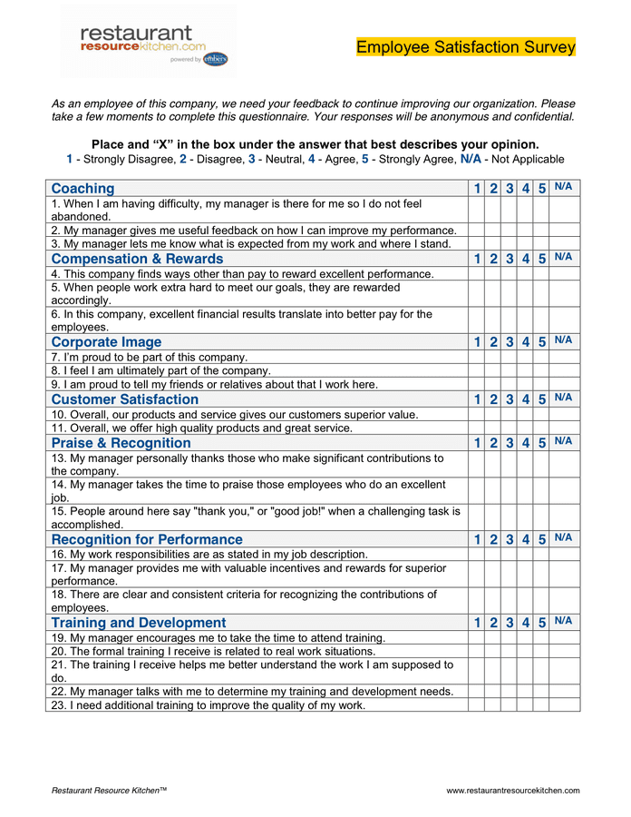 Printable Employee Satisfaction Survey Template