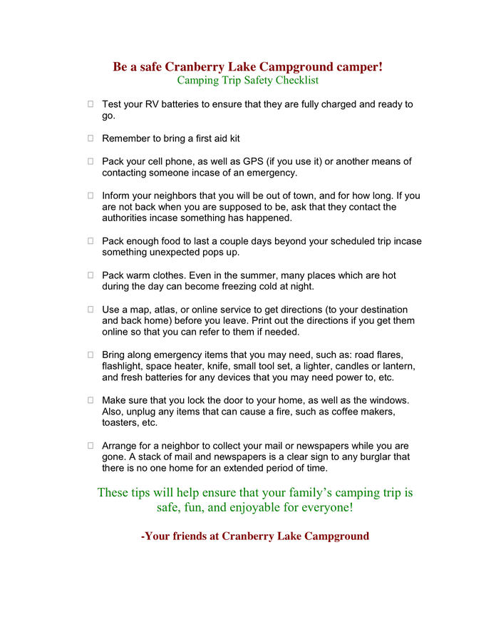 Camping Trip Safety Checklist in Word and Pdf formats