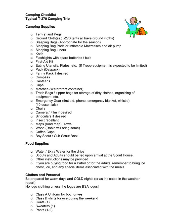 Camping Checklist in Word and Pdf formats