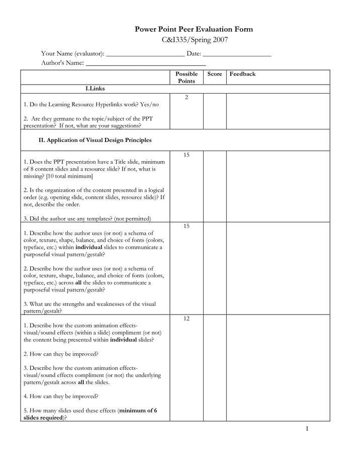 Power Point Peer Evaluation Form in Word and Pdf formats