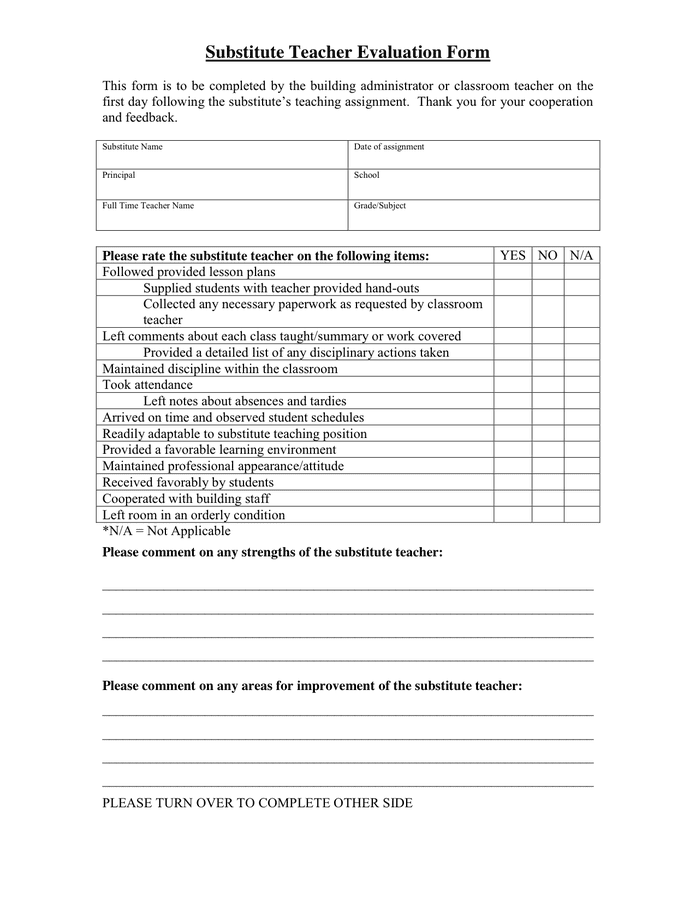 Substitute Teacher Evaluation Form in Word and Pdf formats