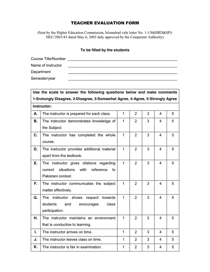 Teacher Evaluation Form in Word and Pdf formats