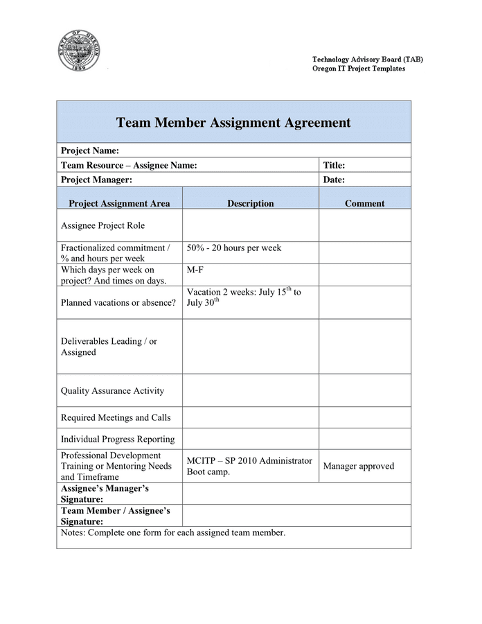 Team Assignment Agreement Form in Word and Pdf formats
