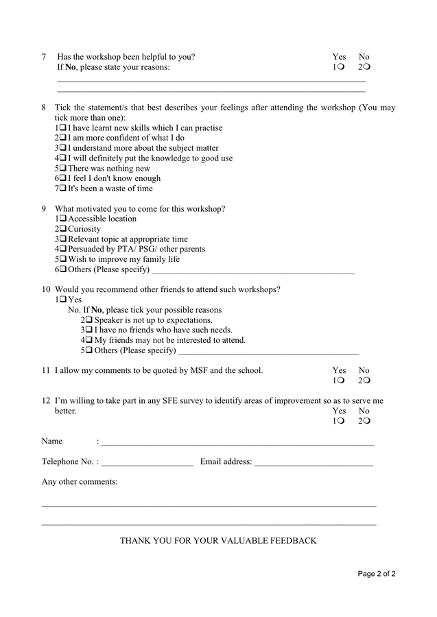 Workshop evaluation form in Word and Pdf formats - page 2 of 2