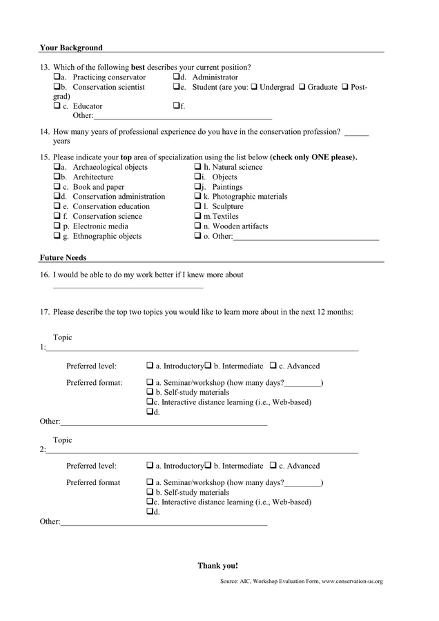 Workshop evaluation form in Word and Pdf formats - page 2 of 2