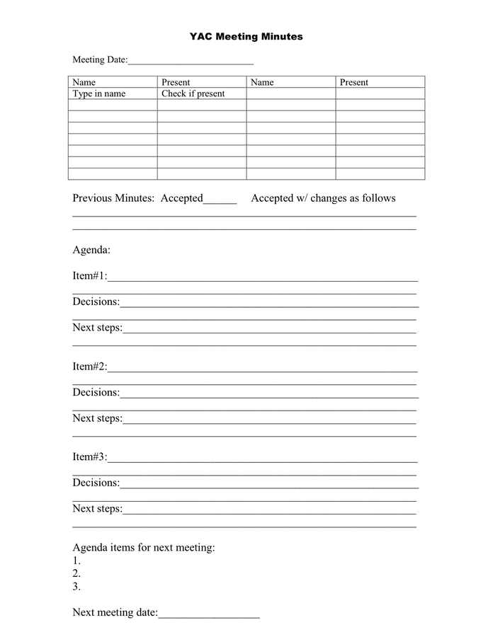 Printable Meeting Minutes Template Word