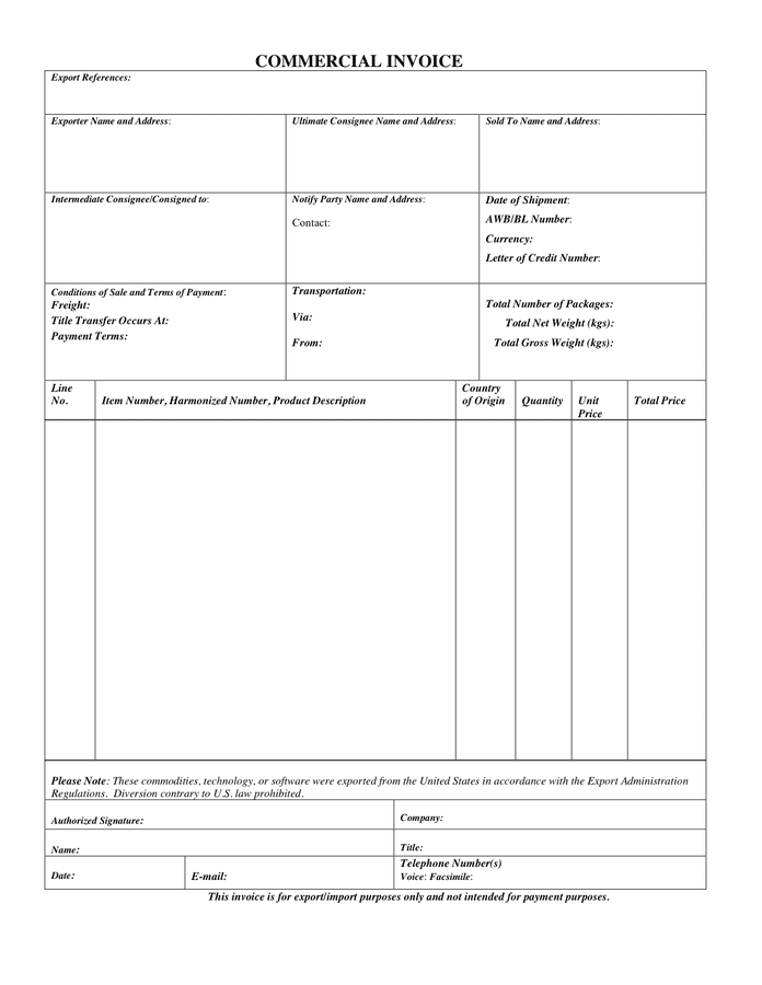 Commercial invoice in Word and Pdf formats