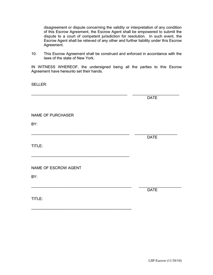 Escrow agreement in Word and Pdf formats - page 3 of 3