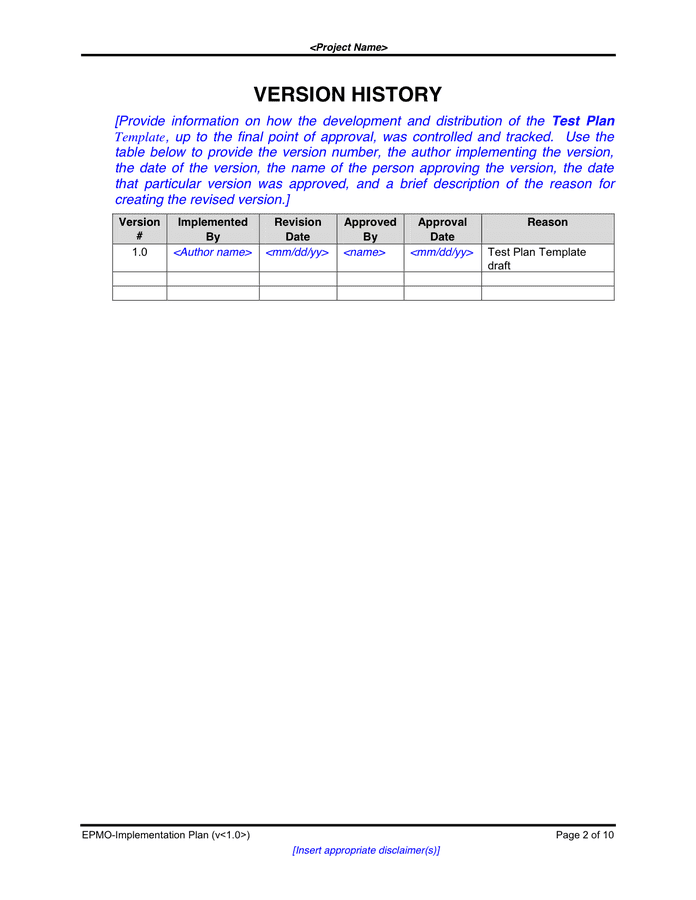 Test Plan Template in Word and Pdf formats - page 2 of 10