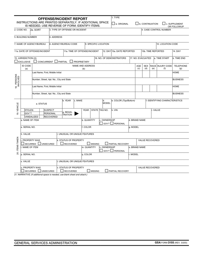 Offense/incident report in Word and Pdf formats