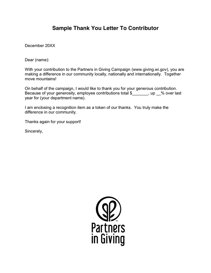 Thank You Letter To Contributor In Word And Pdf Formats