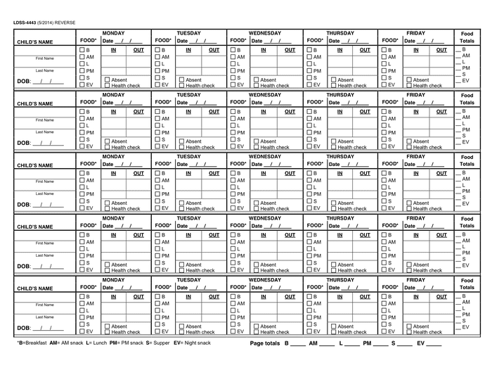 Child Care Attendance Sheet in Word and Pdf formats page 2 of 2