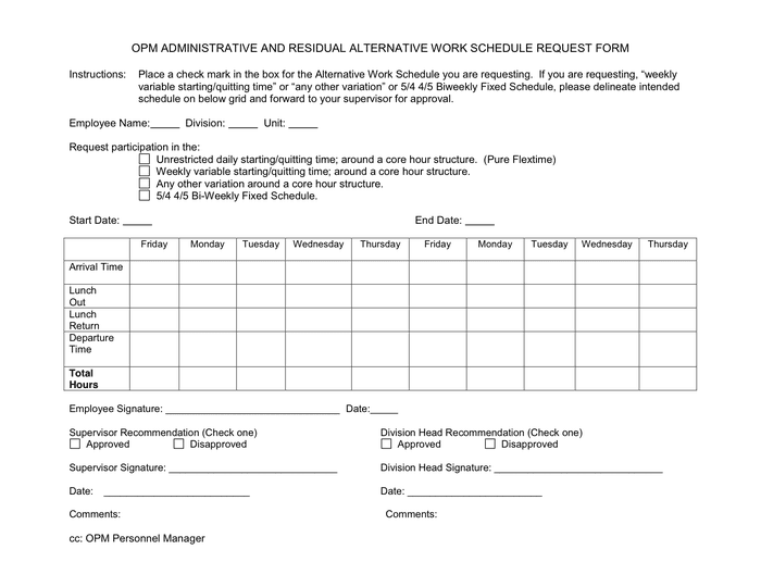 Alternate Work Schedule Form in Word and Pdf formats