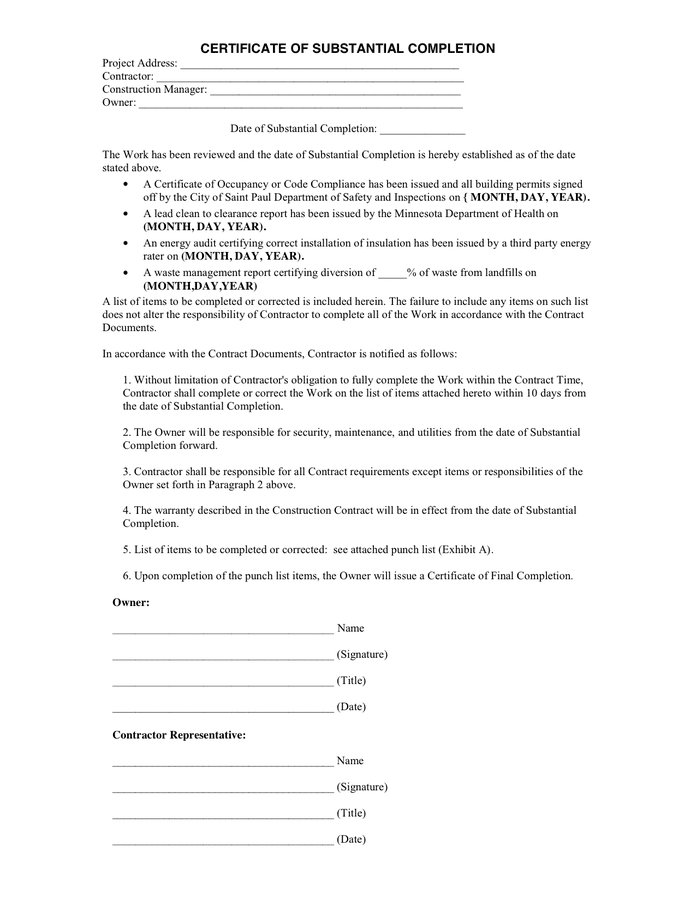 Certificate Of Substantial Completion Template