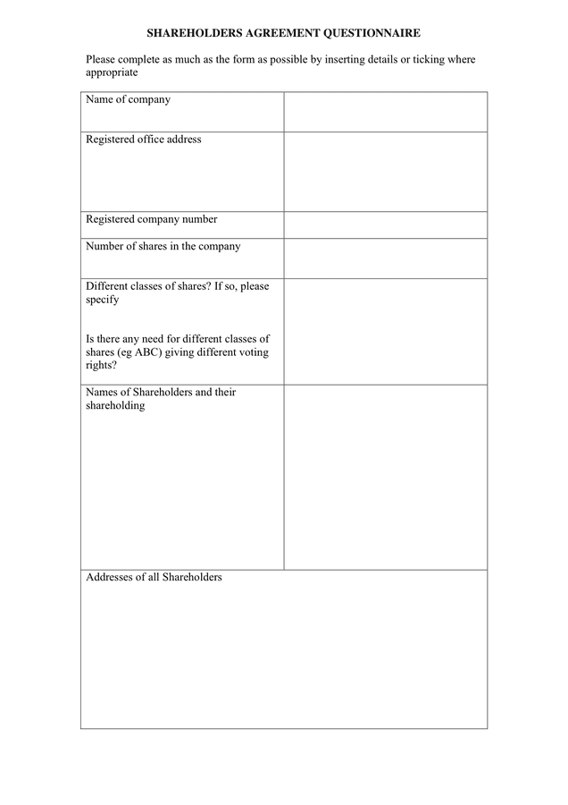 Shareholders Agreement Questionnaire In Word And Pdf Formats