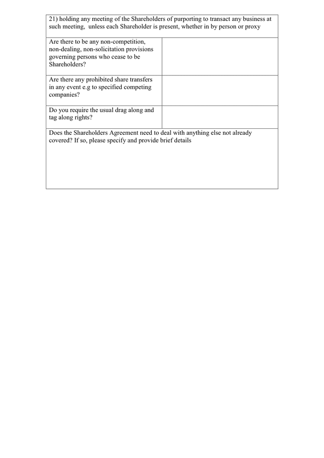 SHAREHOLDERS AGREEMENT QUESTIONNAIRE in Word and Pdf formats - page 5 of 5